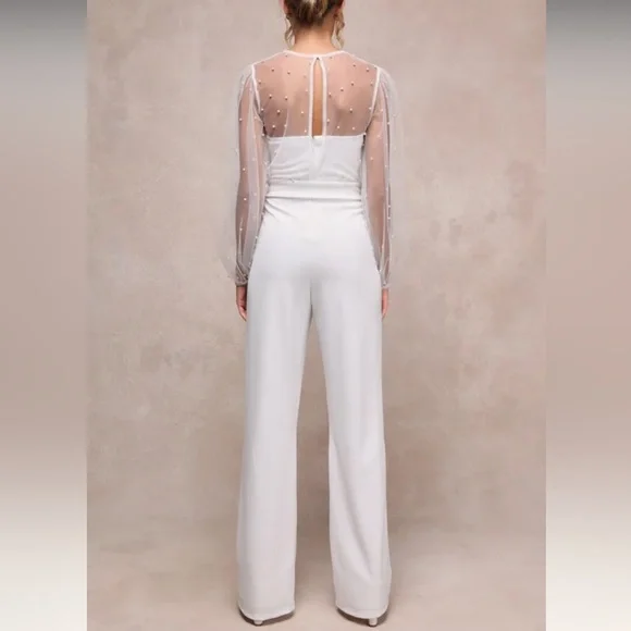 Lulus - Lavish Darling White Mesh Pearl Belted Wide-Leg Jumpsuit - Picture 2 of 5